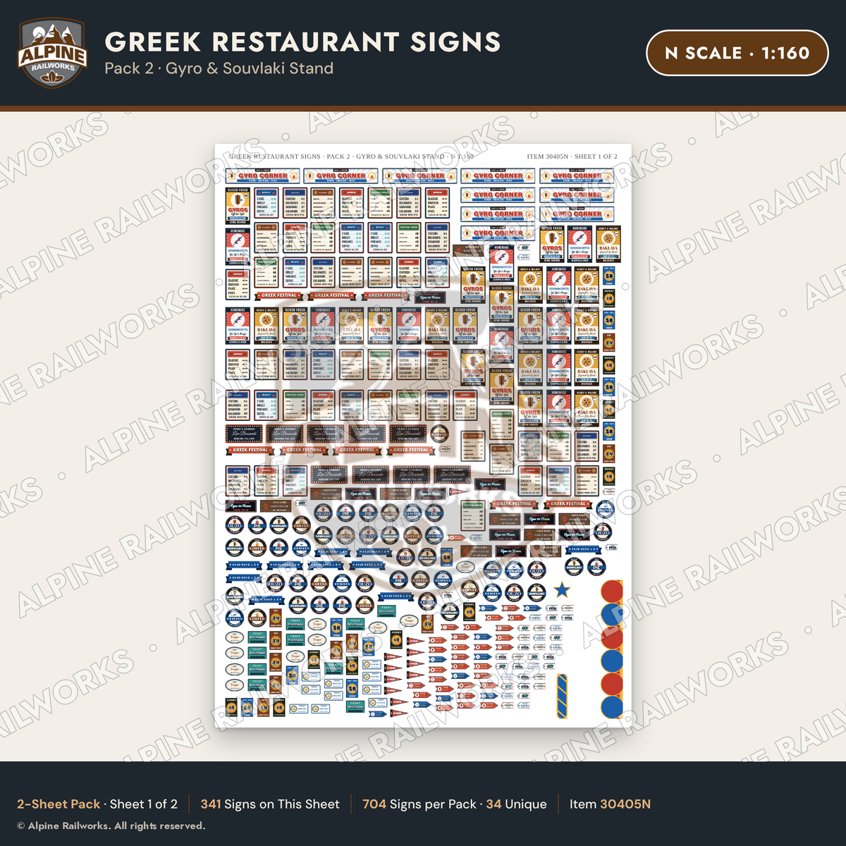 Alpine Railworks 30405N N Scale Greek Restaurant Signs - Gyro