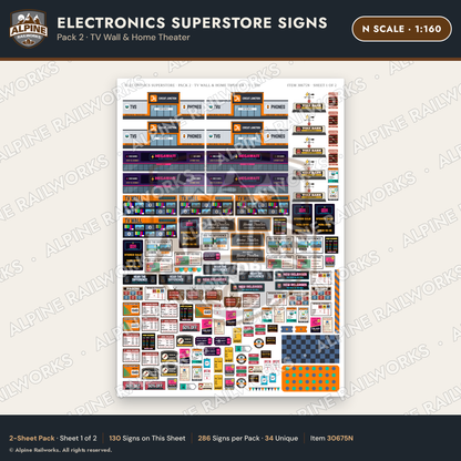 Alpine Railworks 30675N N Scale Electronics Superstore Signs - TV Wall