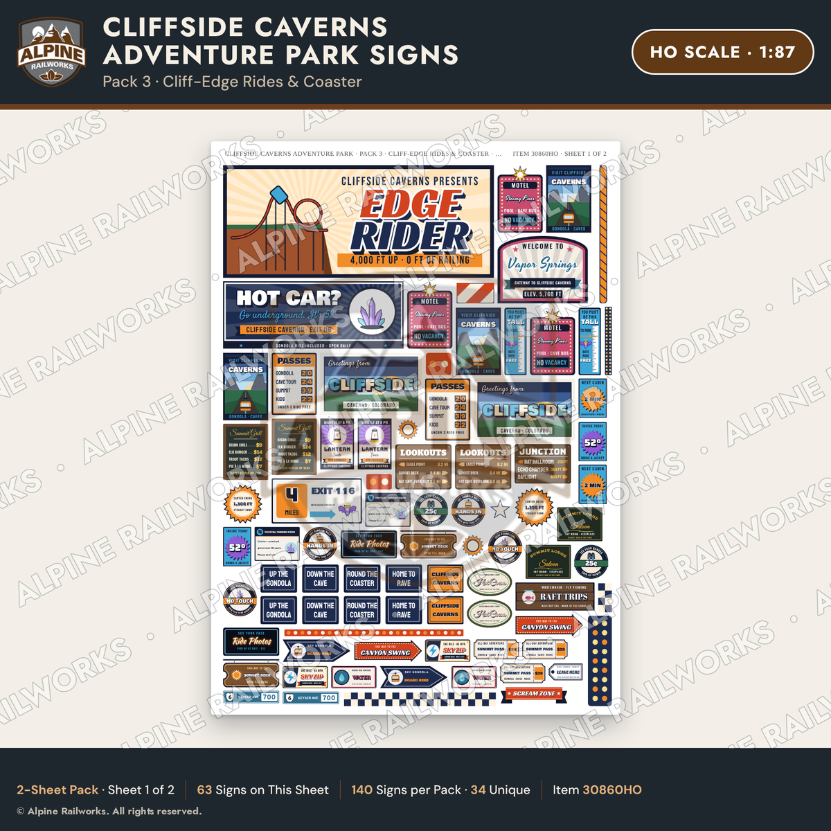 Alpine Railworks 30860HO HO Scale Roadside Signs - Cave Adventure Park