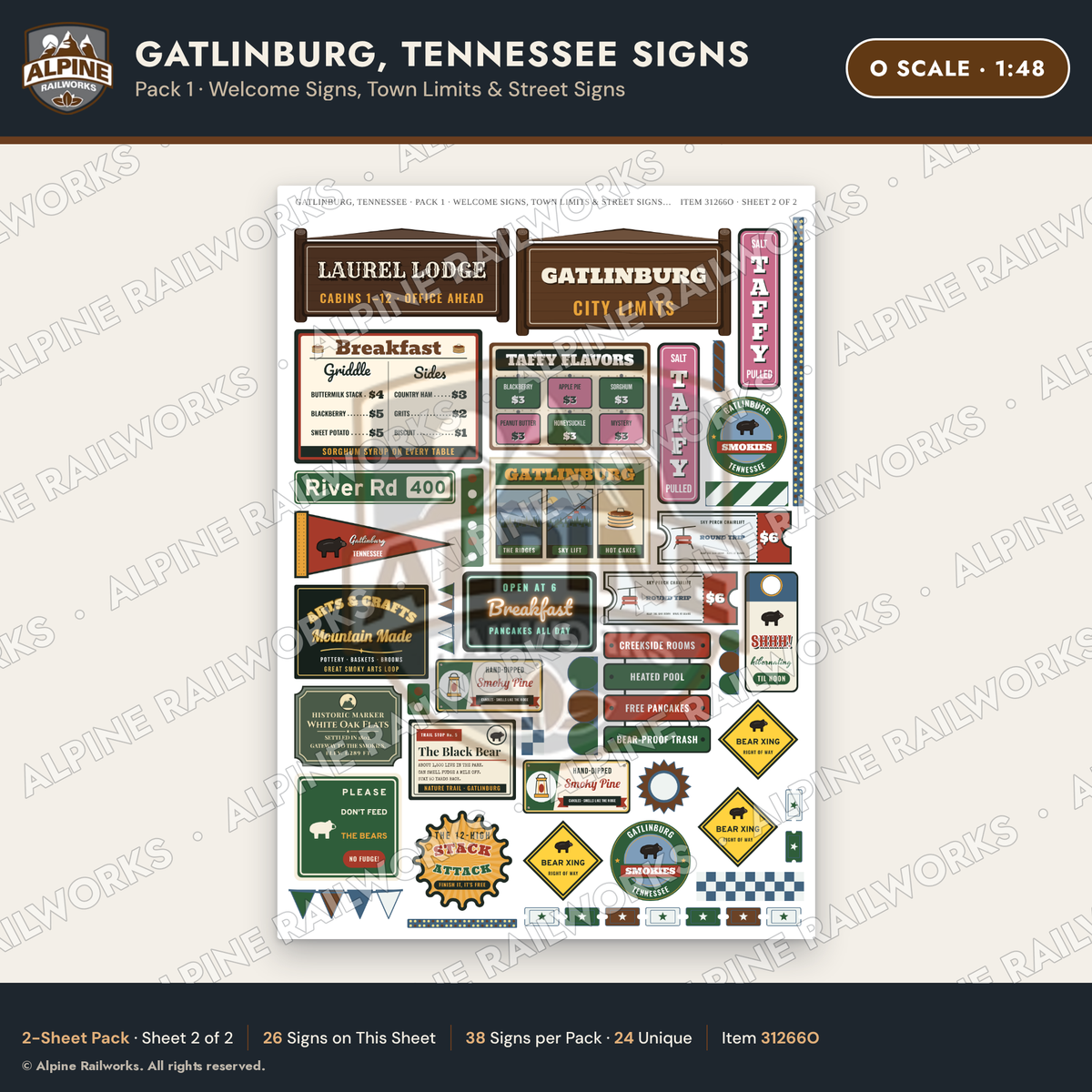 Alpine Railworks 31266O O Scale Gatlinburg TN Signs - Welcome Signs