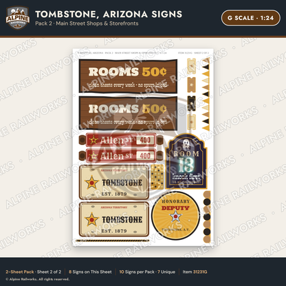 Alpine Railworks 31231G G Scale Tombstone AZ Signs - Main Street Shops