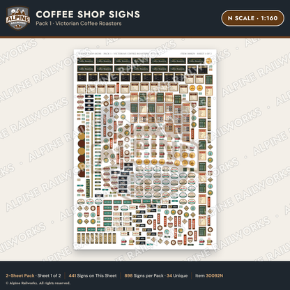 Alpine Railworks 30092N N Scale Coffee Shop Signs