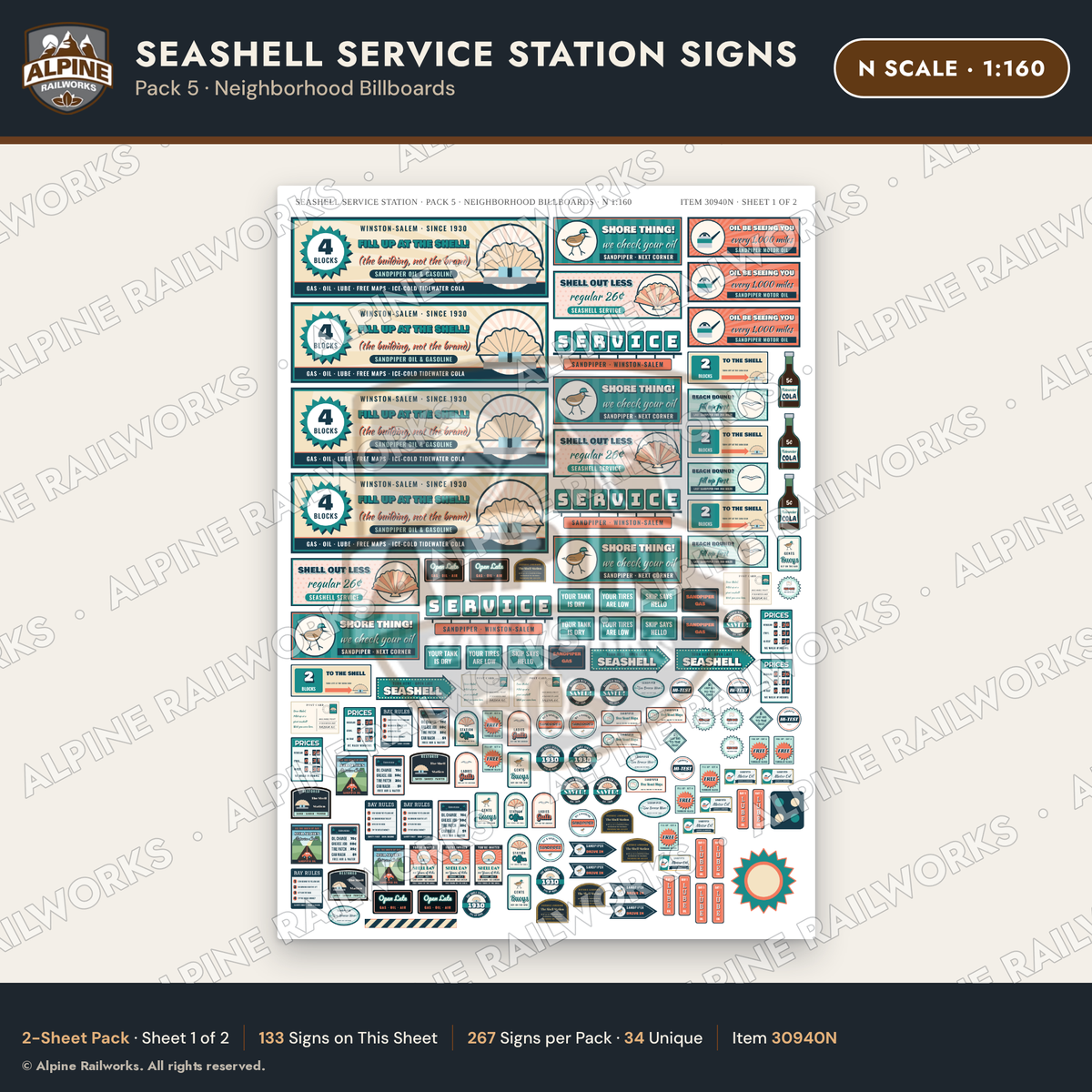 Alpine Railworks 30940N N Scale Roadside Signs - Seashell Gas Station