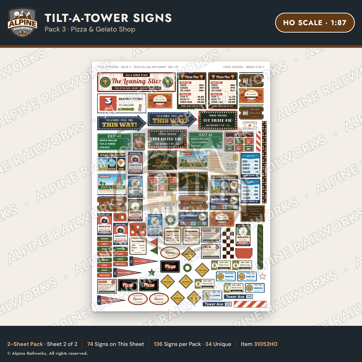 Alpine Railworks 31052HO HO Scale Roadside Signs - Leaning Tower