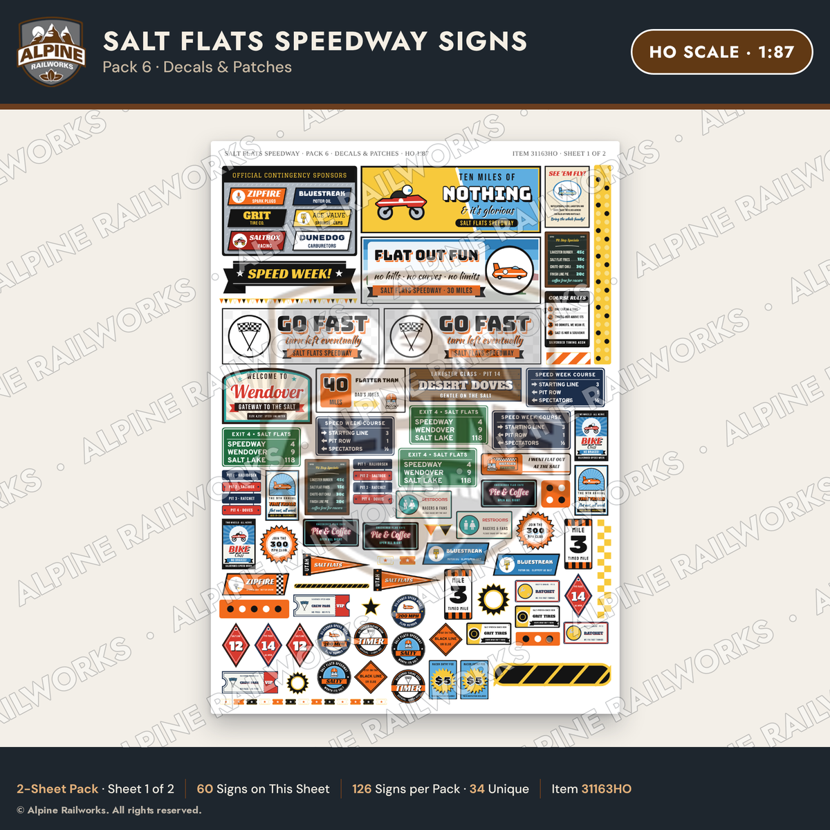 Alpine Railworks 31163HO HO Scale Racing Signs - Salt Flats Speedway