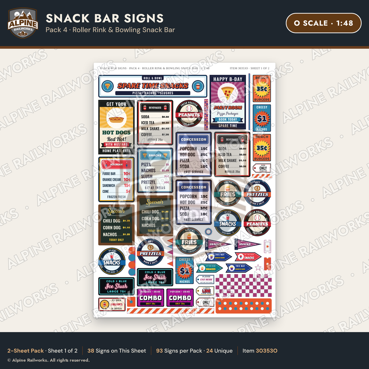 Alpine Railworks 30353O O Scale Snack Bar Signs - Roller Rink