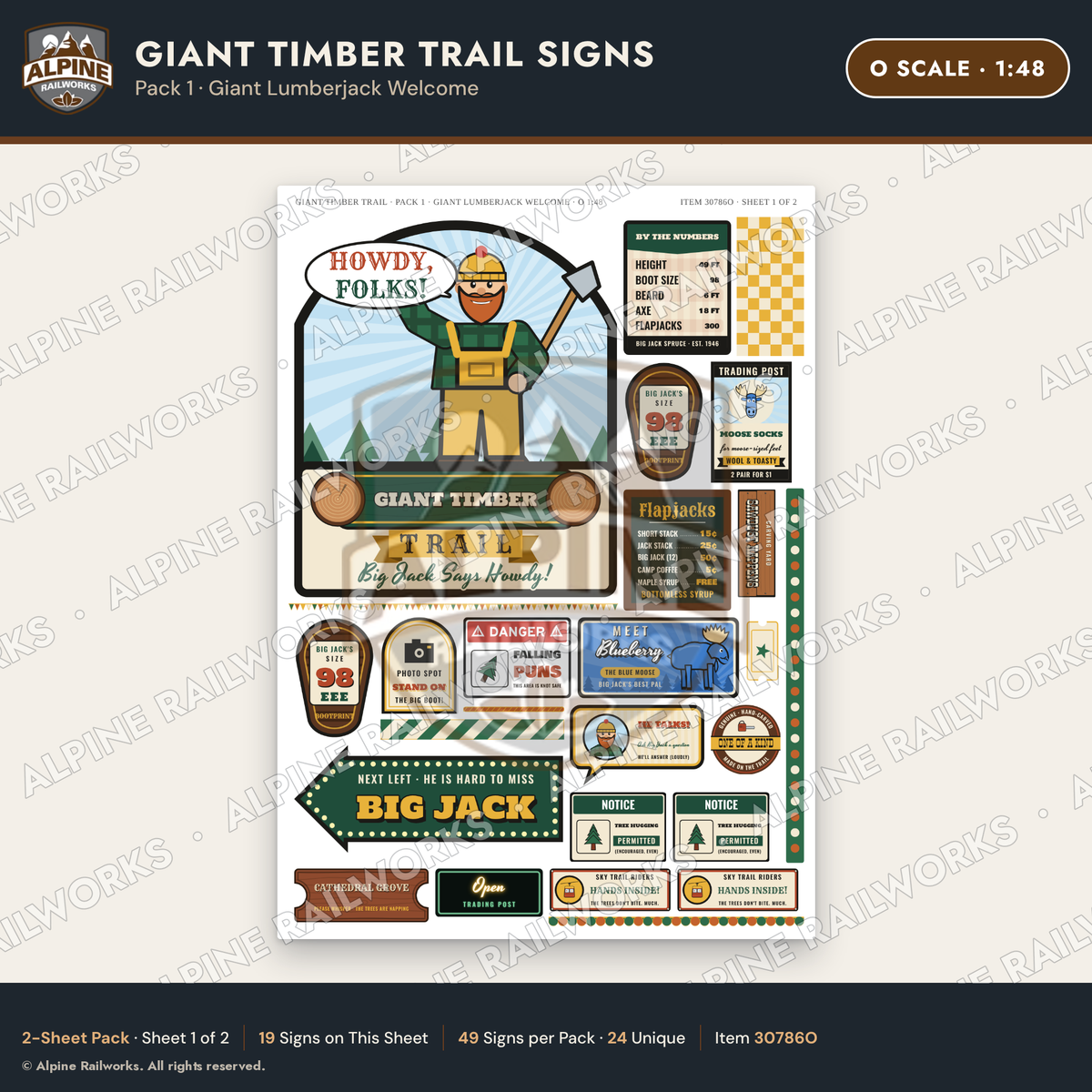 Alpine Railworks 30786O O Scale Roadside Signs - Lumberjack Redwoods