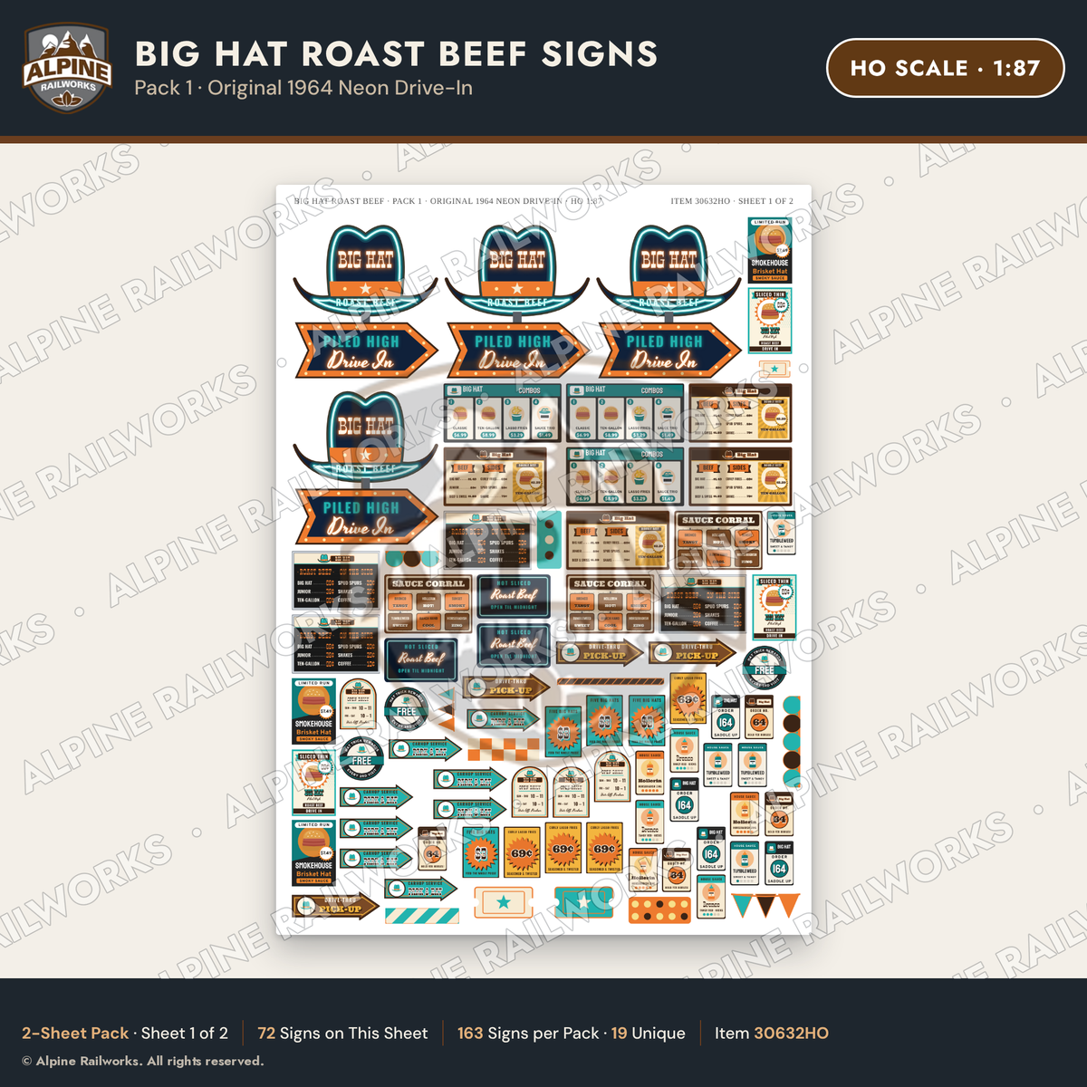 Alpine Railworks 30632HO HO Scale Fast Food Signs - Western Roast Beef