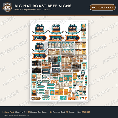 Alpine Railworks 30632HO HO Scale Fast Food Signs - Western Roast Beef
