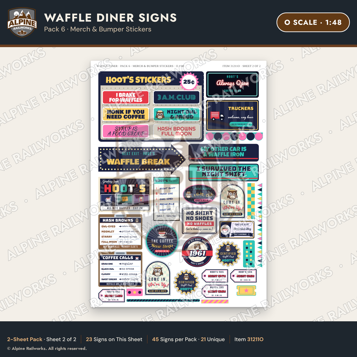 Alpine Railworks 31211O O Scale Waffle Diner Signs - Bumper Stickers