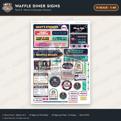 Alpine Railworks 31211O O Scale Waffle Diner Signs - Bumper Stickers