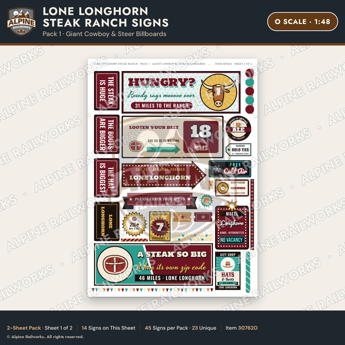 Alpine Railworks 30762O O Scale Roadside Signs - Big Steakhouse