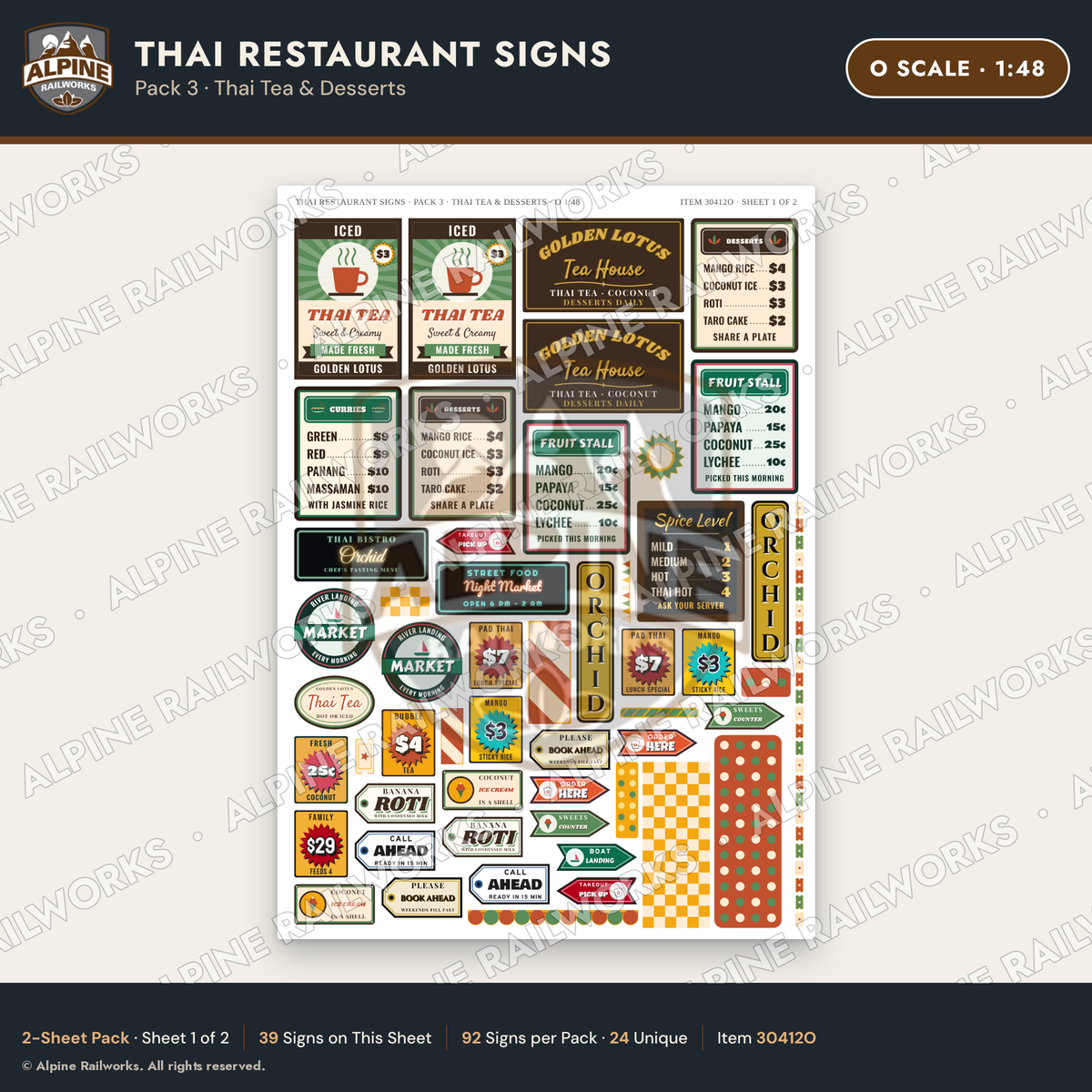 Alpine Railworks 30412O O Scale Thai Restaurant Signs - Thai Tea