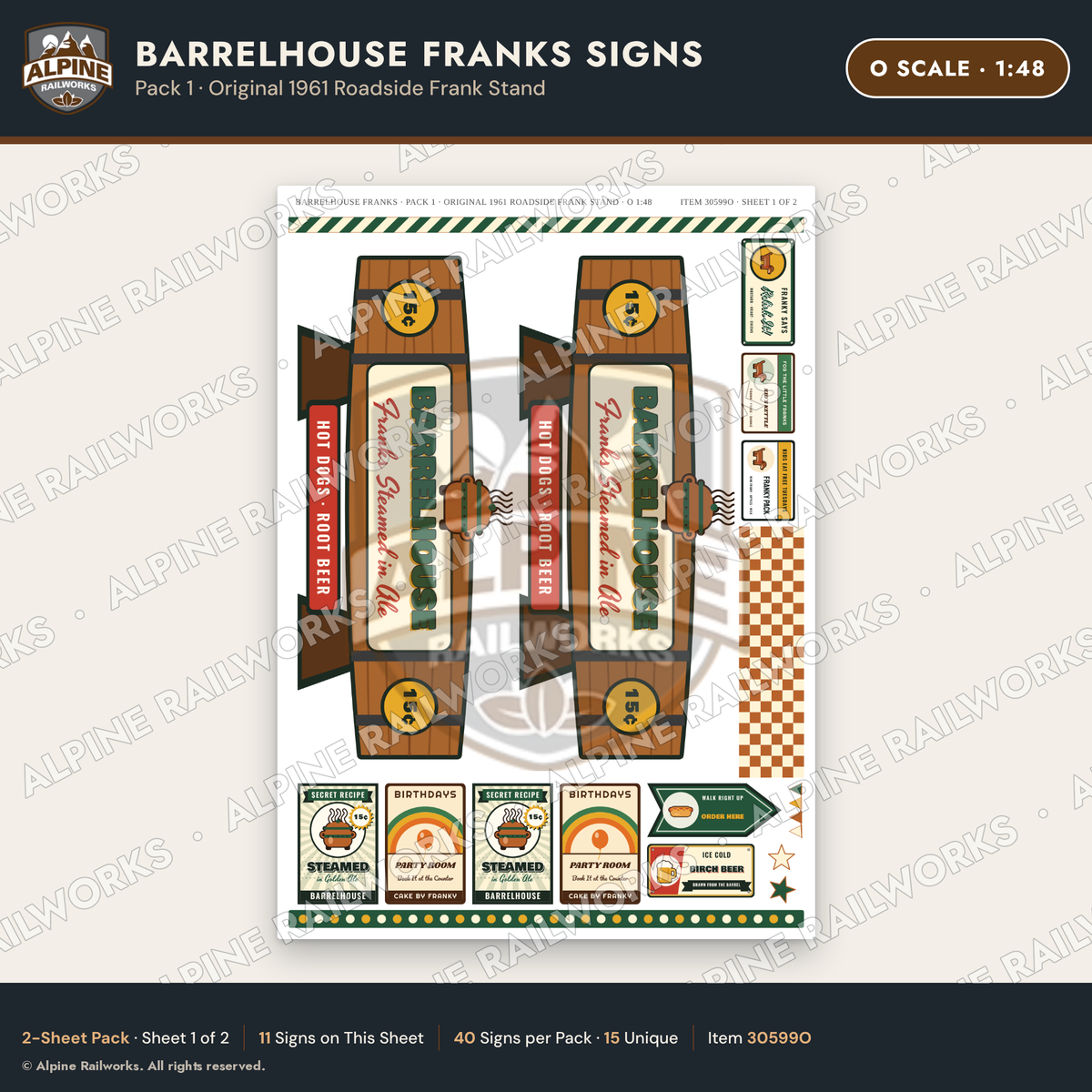 Alpine Railworks 30599O O Scale Fast Food Signs - Hot Dogs