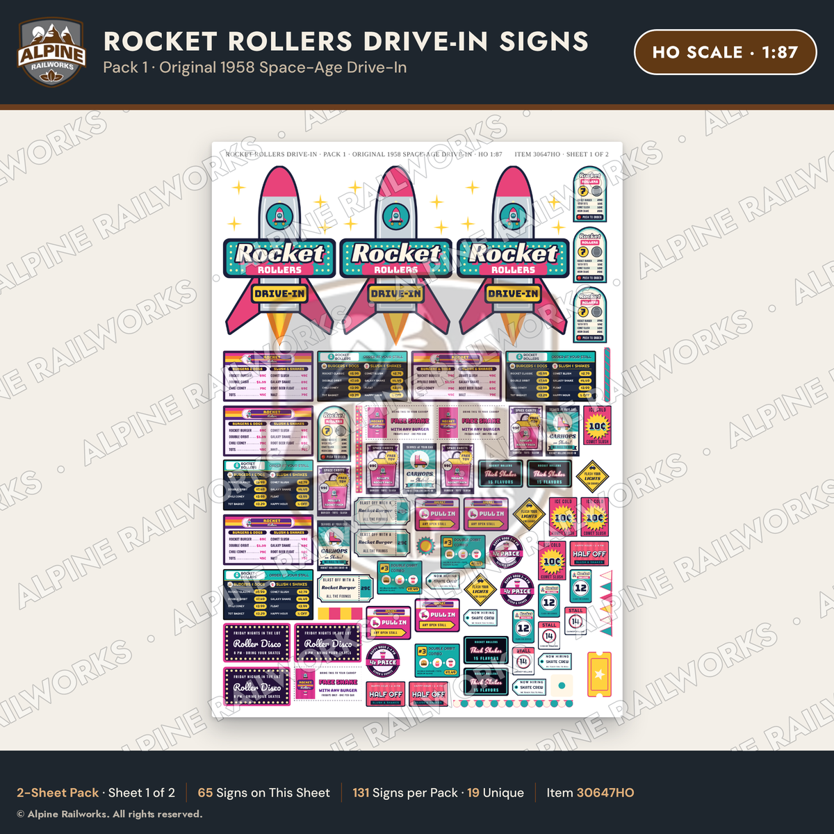 Alpine Railworks 30647HO HO Scale Fast Food Signs - Carhop Drive-In