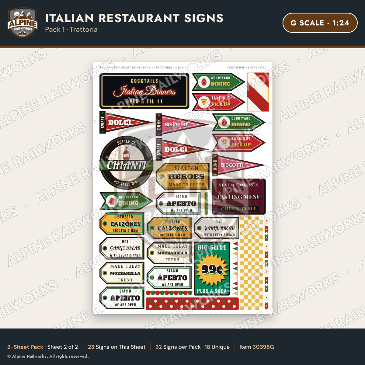 Alpine Railworks 30398G G Scale Italian Restaurant Signs - Trattoria