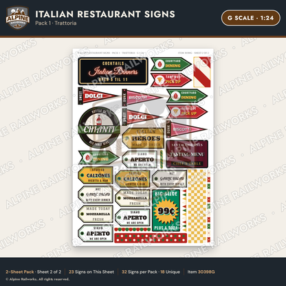 Alpine Railworks 30398G G Scale Italian Restaurant Signs - Trattoria