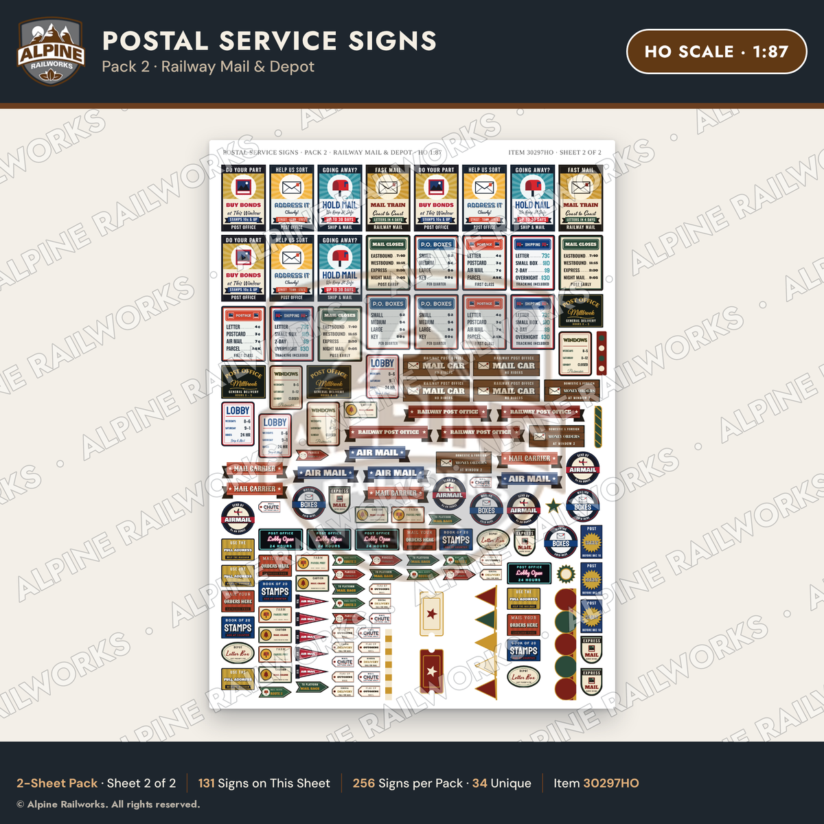 Alpine Railworks 30297HO HO Scale Postal Service Signs - Railway Mail