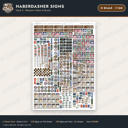 Alpine Railworks 30318N N Scale Haberdasher Signs - Western Wear