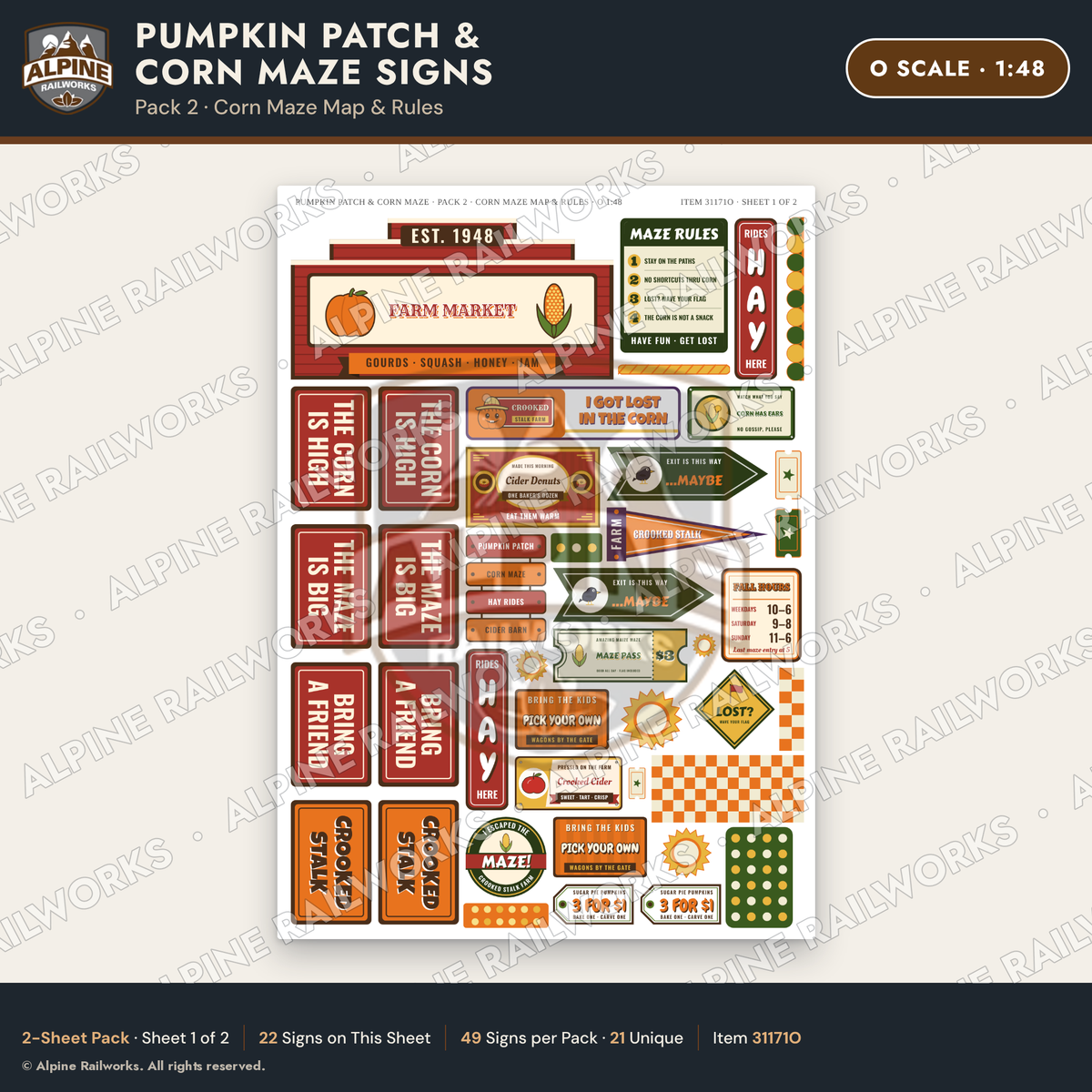 Alpine Railworks 31171O O Scale Farm Signs - Pumpkin Patch & Corn Maze
