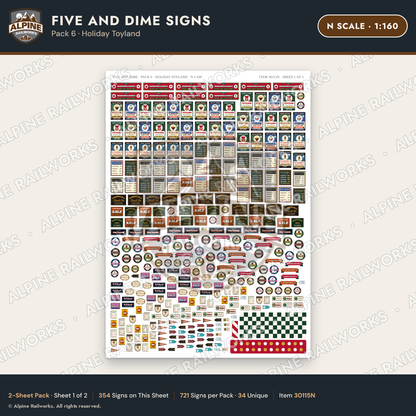 Alpine Railworks 30115N N Scale Five and Dime Signs - Holiday Toyland