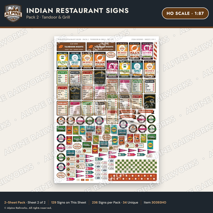 Alpine Railworks 30393HO HO Scale Indian Restaurant Signs - Tandoor