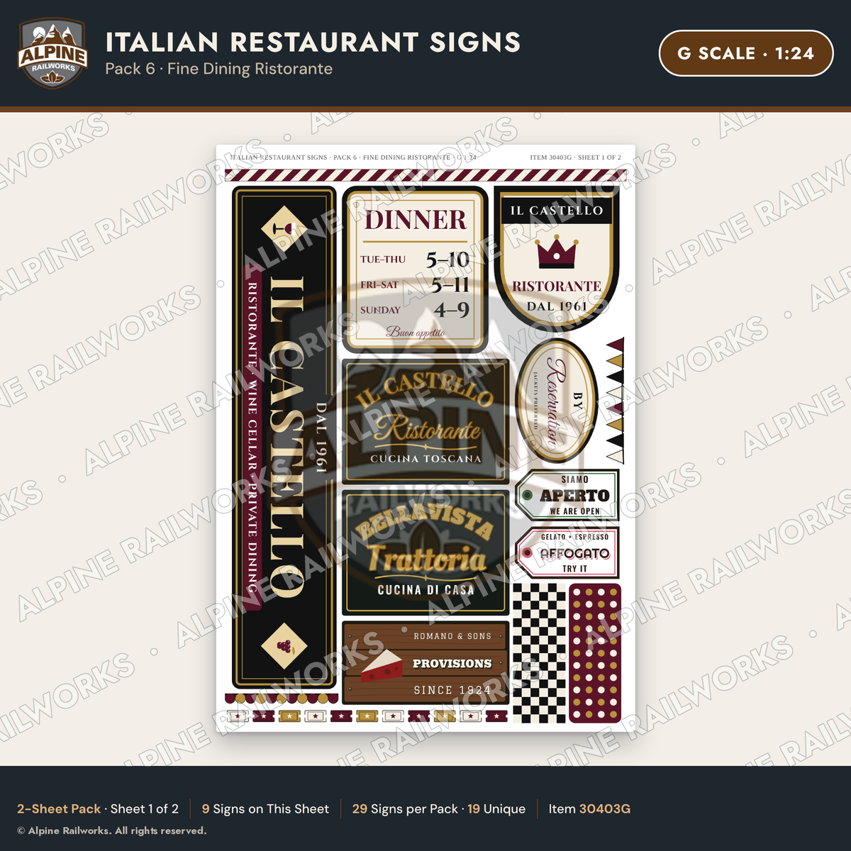 Alpine Railworks 30403G G Scale Italian Restaurant Signs