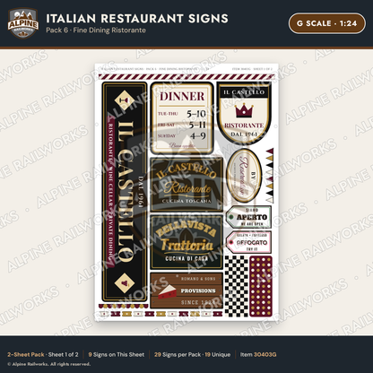 Alpine Railworks 30403G G Scale Italian Restaurant Signs