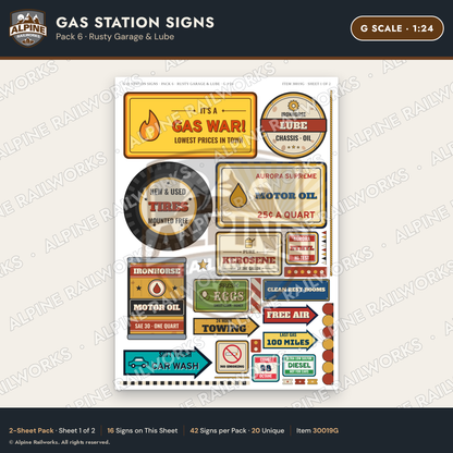 Alpine Railworks 30019G G Scale Gas Station Signs - Rusty Garage