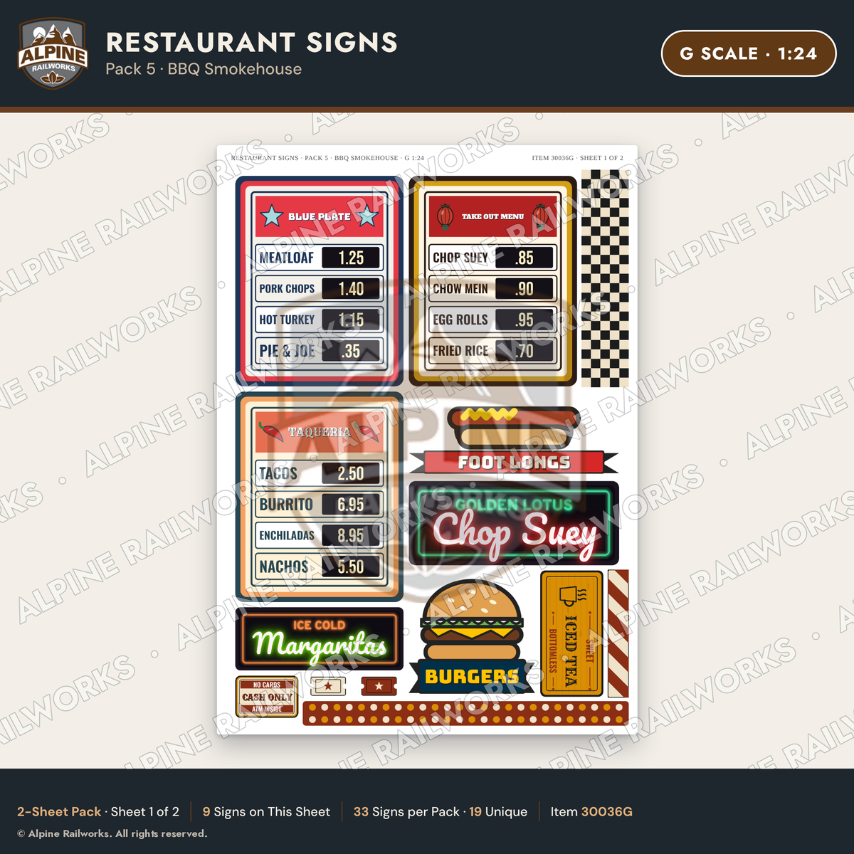 Alpine Railworks 30036G G Scale Restaurant Signs - BBQ Smokehouse