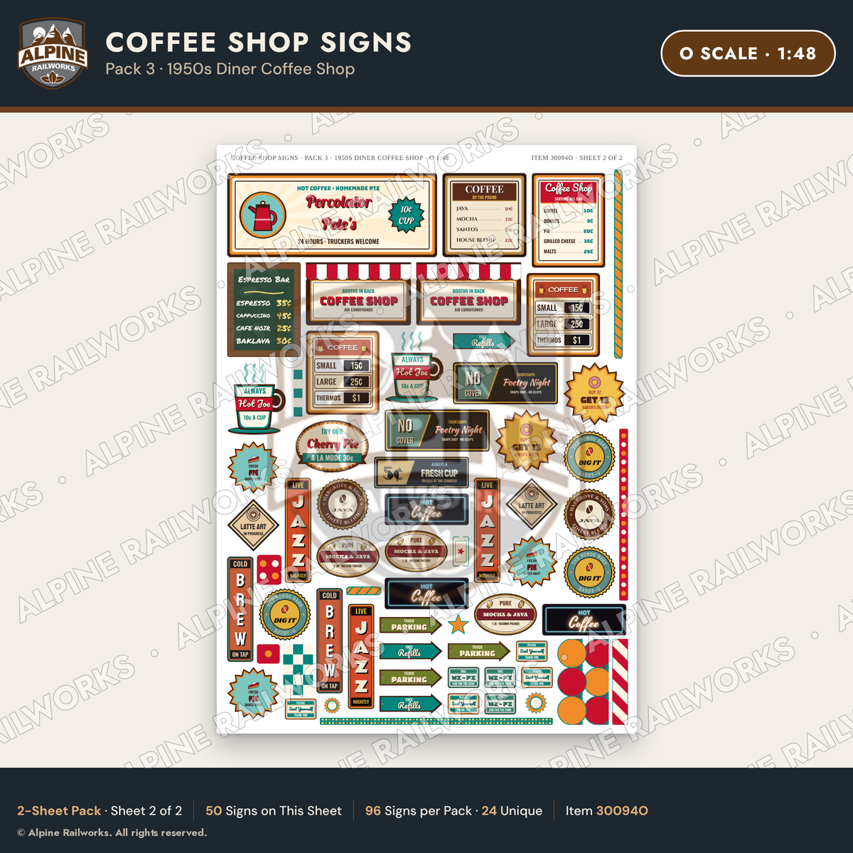 Alpine Railworks 30094O O Scale Coffee Shop Signs - Diner Coffee Shop