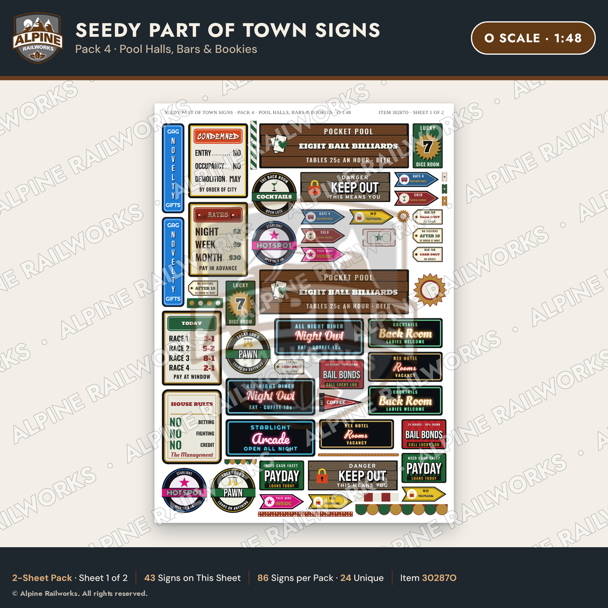 Alpine Railworks 30287O O Scale Seedy Part of Town Signs - Pool Halls