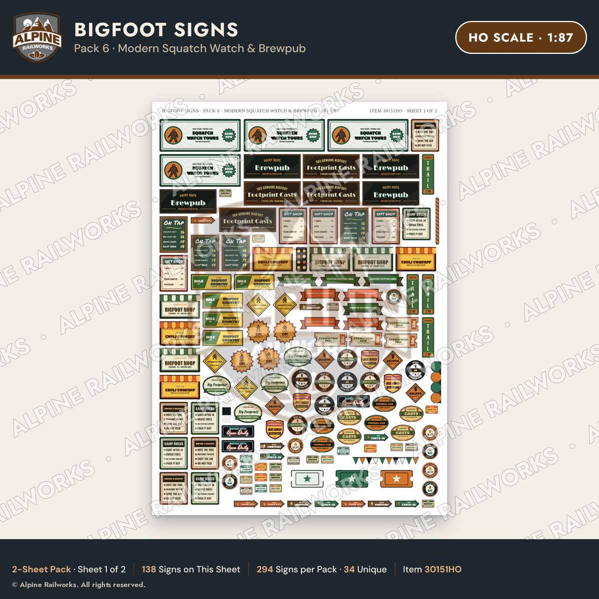Alpine Railworks 30151HO HO Scale Bigfoot Signs - Modern Squatch Watch