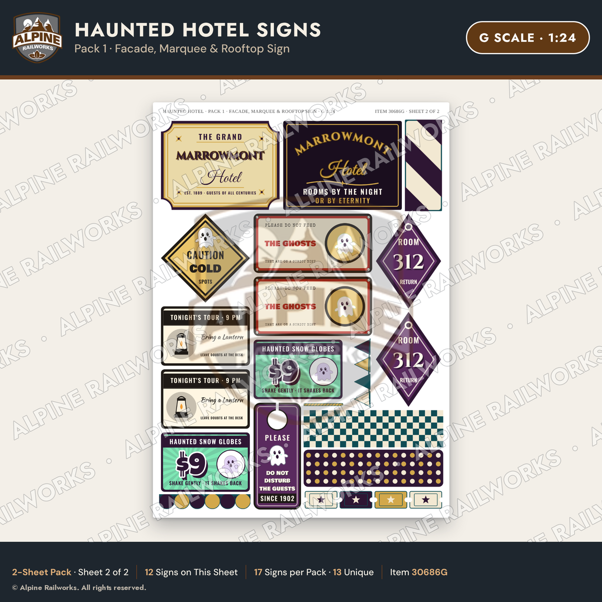 Alpine Railworks 30686G G Scale Haunted Hotel Signs - Facade & Marquee