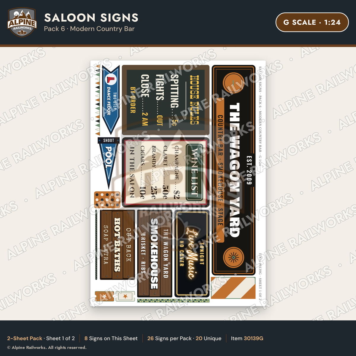 Alpine Railworks 30139G G Scale Saloon Signs - Modern Country Bar