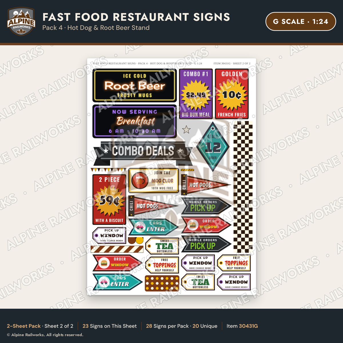 Alpine Railworks 30431G G Scale Fast Food Restaurant Signs - Hot Dog