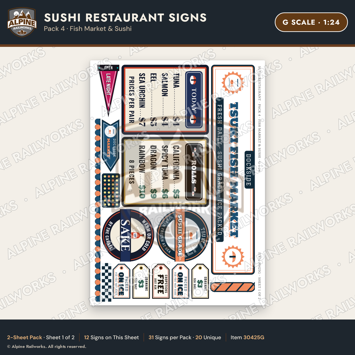 Alpine Railworks 30425G G Scale Sushi Restaurant Signs - Fish Market
