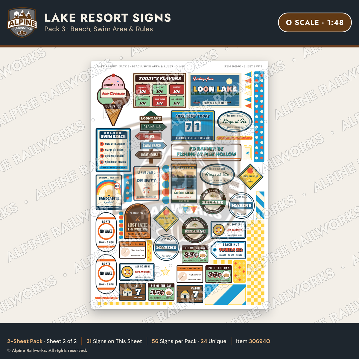 Alpine Railworks 30694O O Scale Lake Resort Signs - Beach & Swim Area