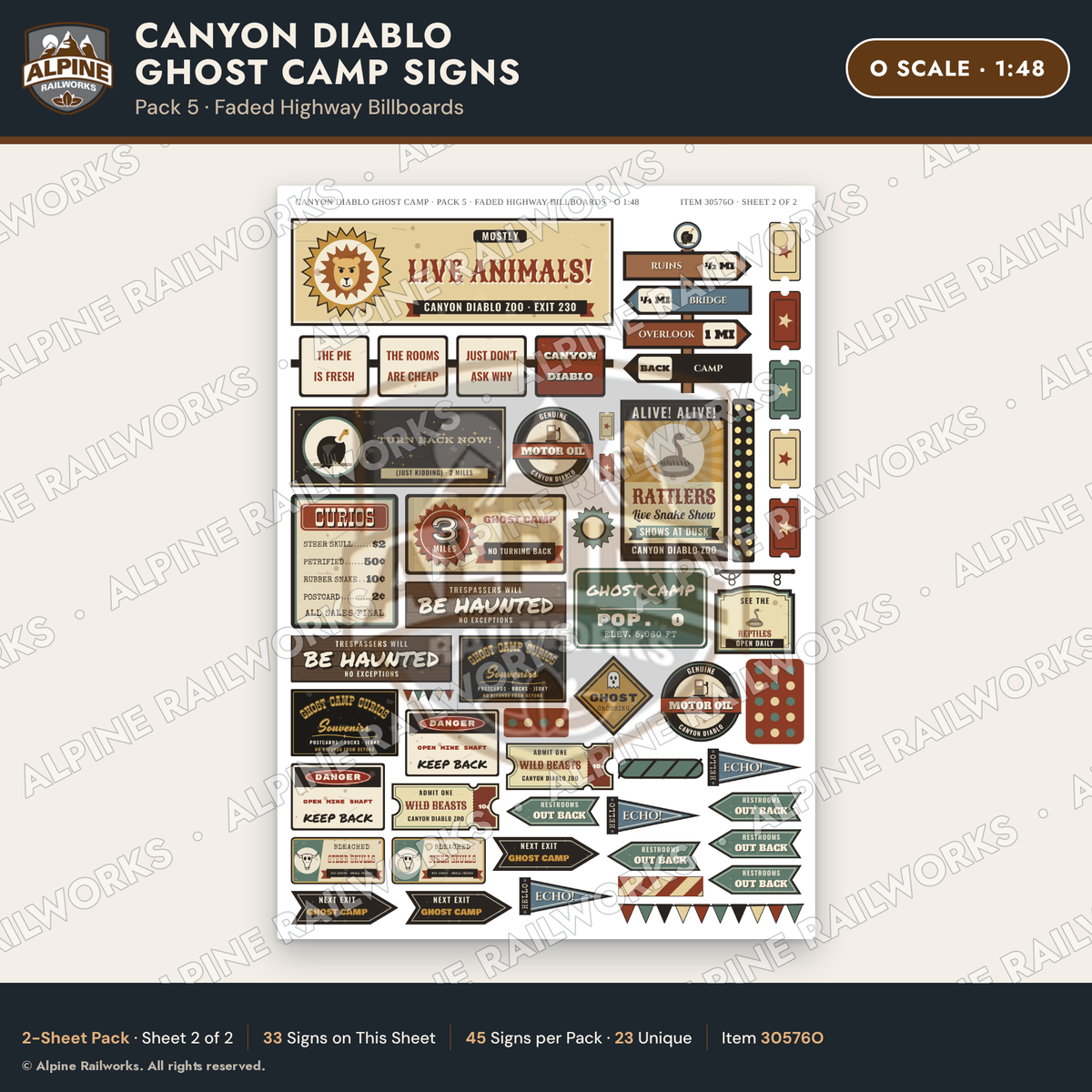 Alpine Railworks 30576O O Scale Roadside Signs - Desert Ghost Town