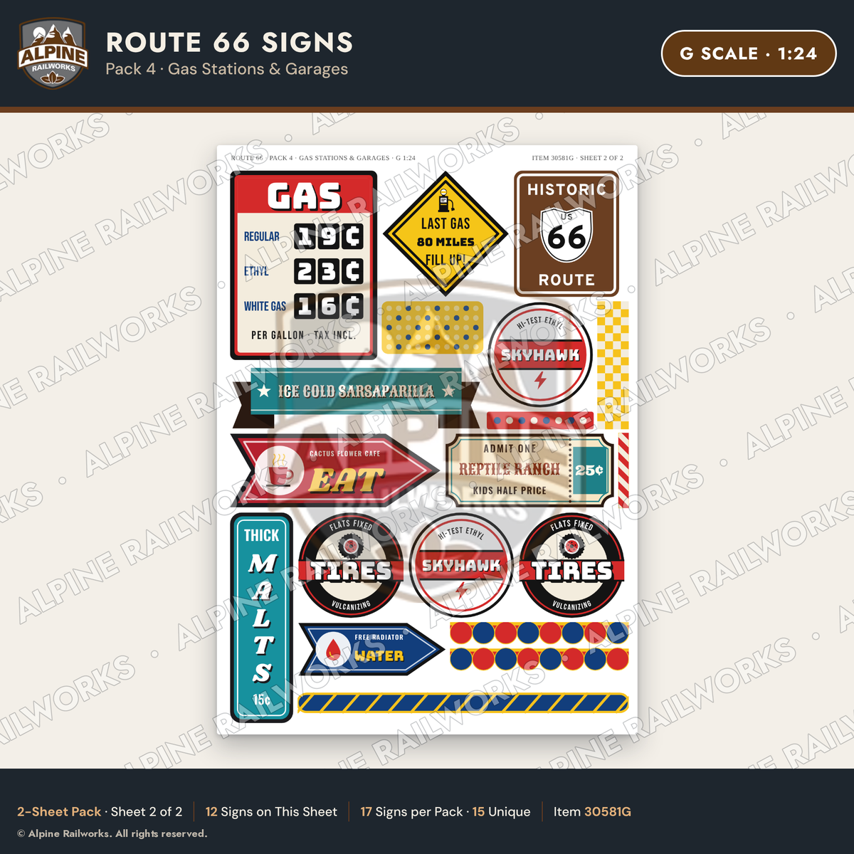 Alpine Railworks 30581G G Scale Route 66 Highway Signs - Gas Stations