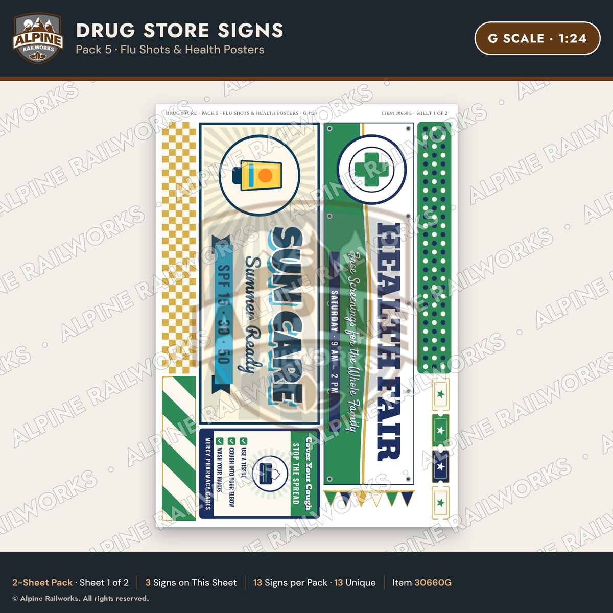 Alpine Railworks 30660G G Scale Drug Store Signs - Flu Shots