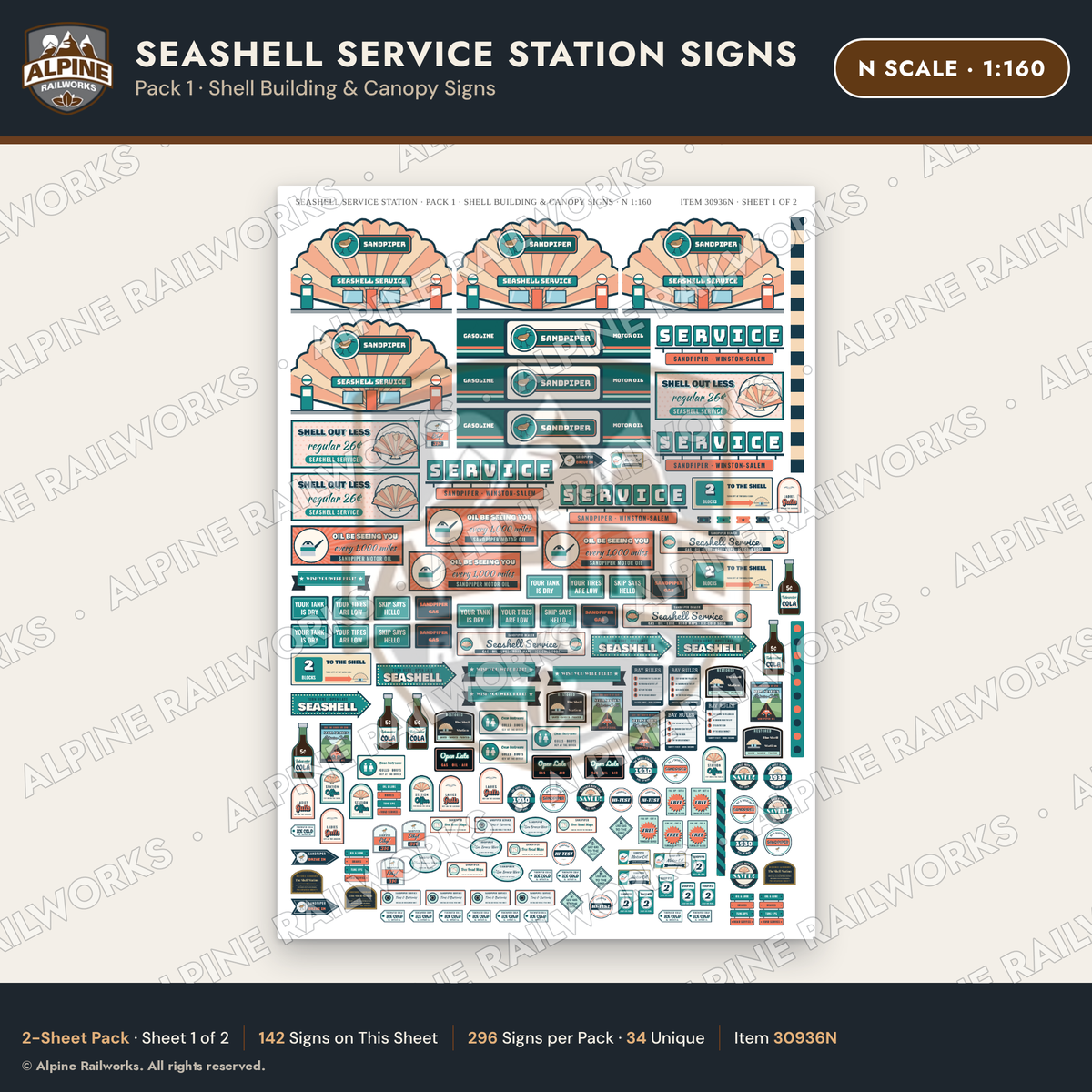 Alpine Railworks 30936N N Scale Roadside Signs - Seashell Gas Station