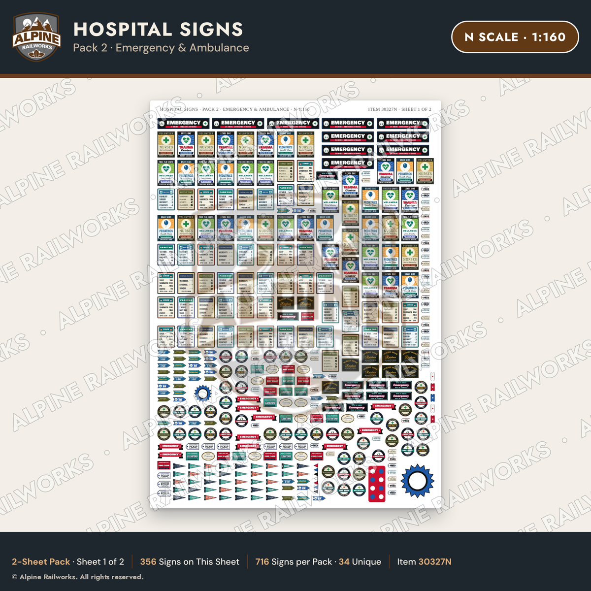 Alpine Railworks 30327N N Scale Hospital Signs - Emergency & Ambulance