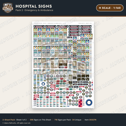 Alpine Railworks 30327N N Scale Hospital Signs - Emergency & Ambulance