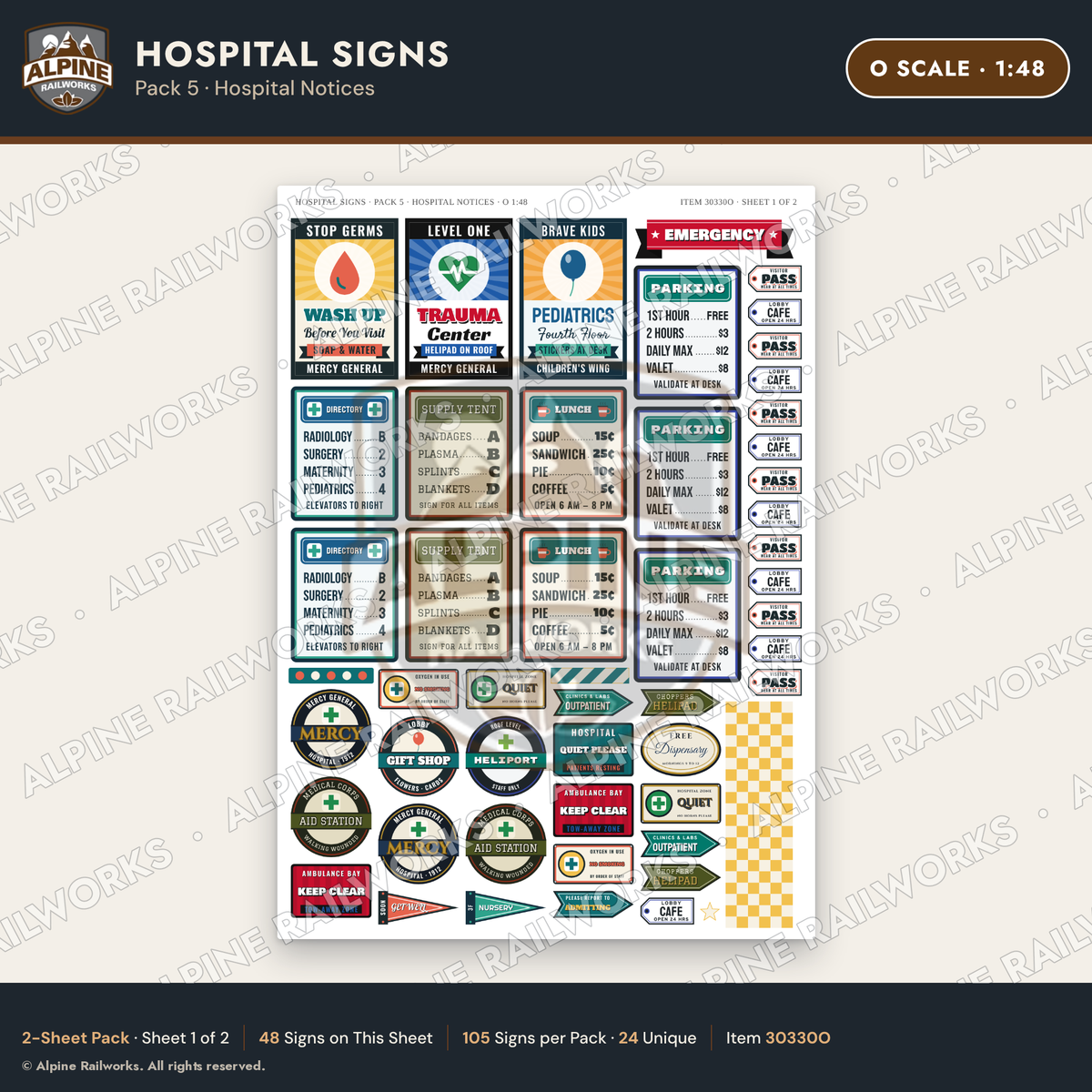 Alpine Railworks 30330O O Scale Hospital Signs - Hospital Notices