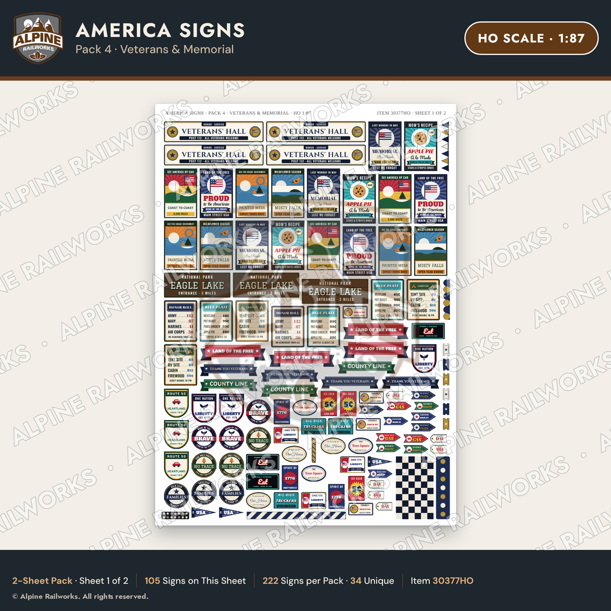 Alpine Railworks 30377HO HO Scale America Signs - Veterans & Memorial