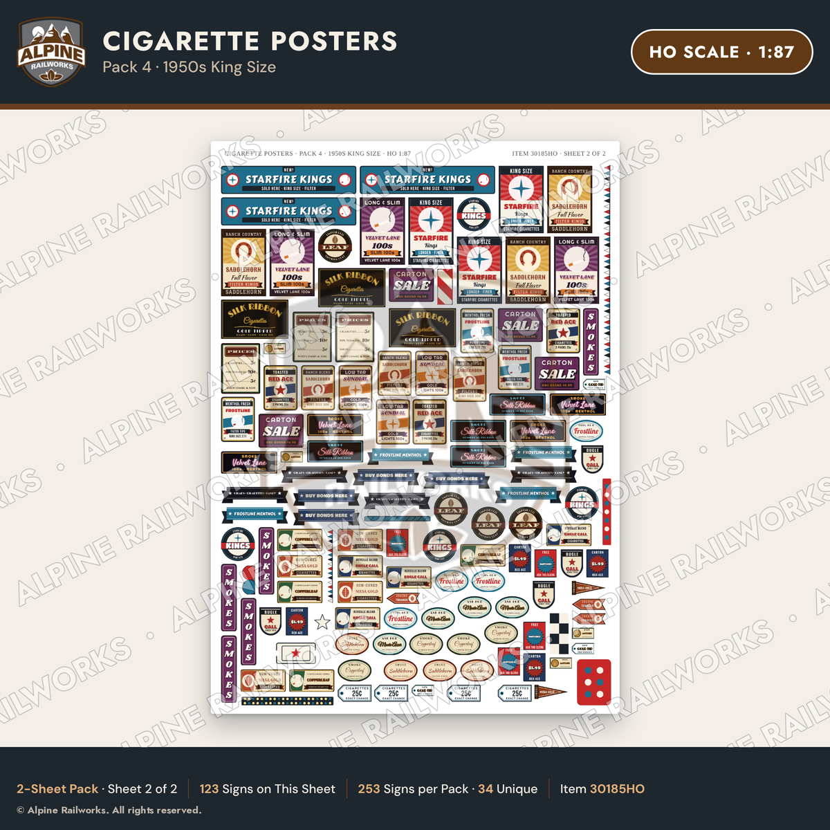 Alpine Railworks 30185HO HO Scale Cigarette Posters - 1950s King Size