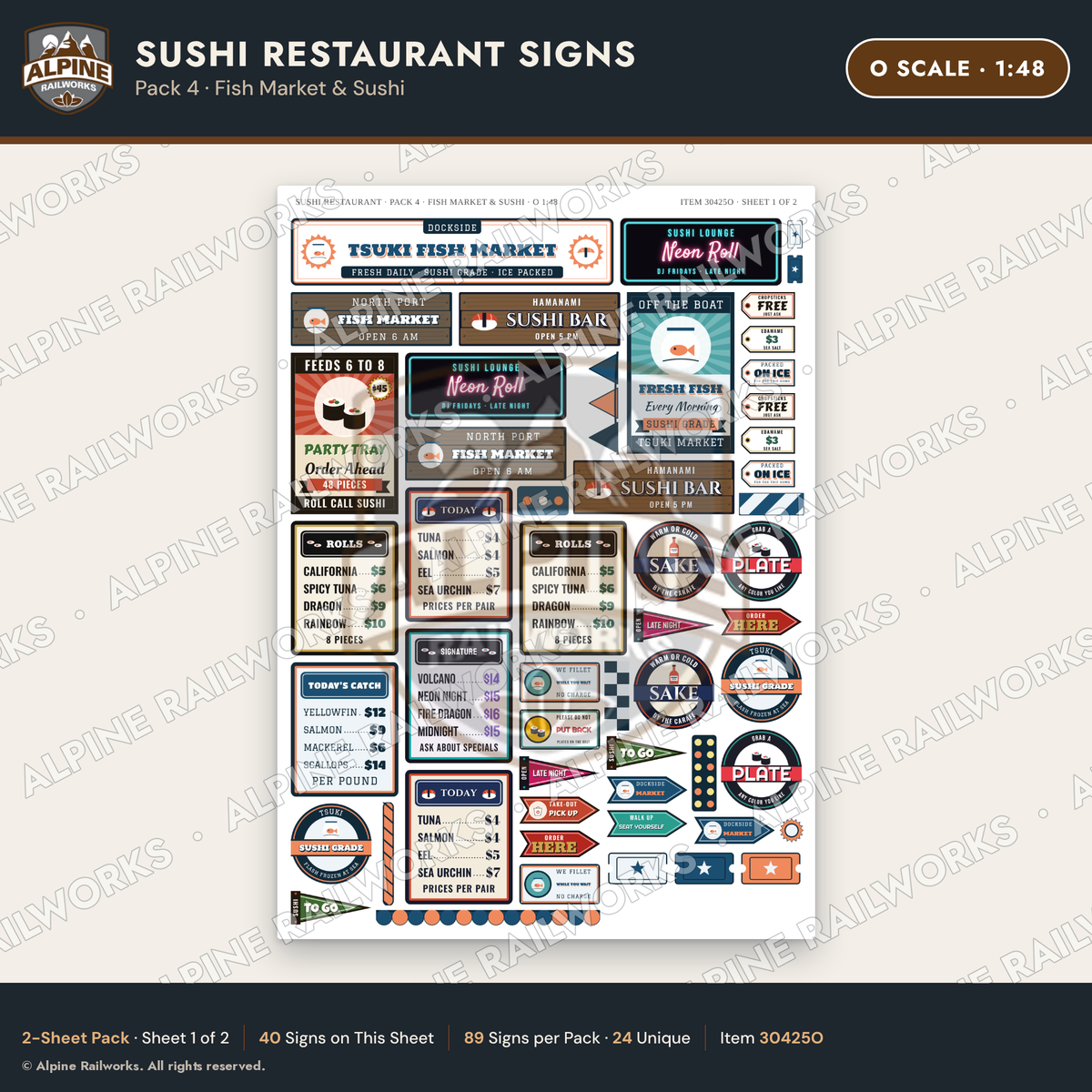 Alpine Railworks 30425O O Scale Sushi Restaurant Signs - Fish Market