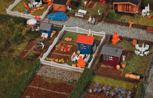 Faller 272551 N Scale Allotment Garden Set #2 - Kit (Plastic) -- 3 Different Garden Sheds, Fences, Tables, 3 Landscape Bases & More