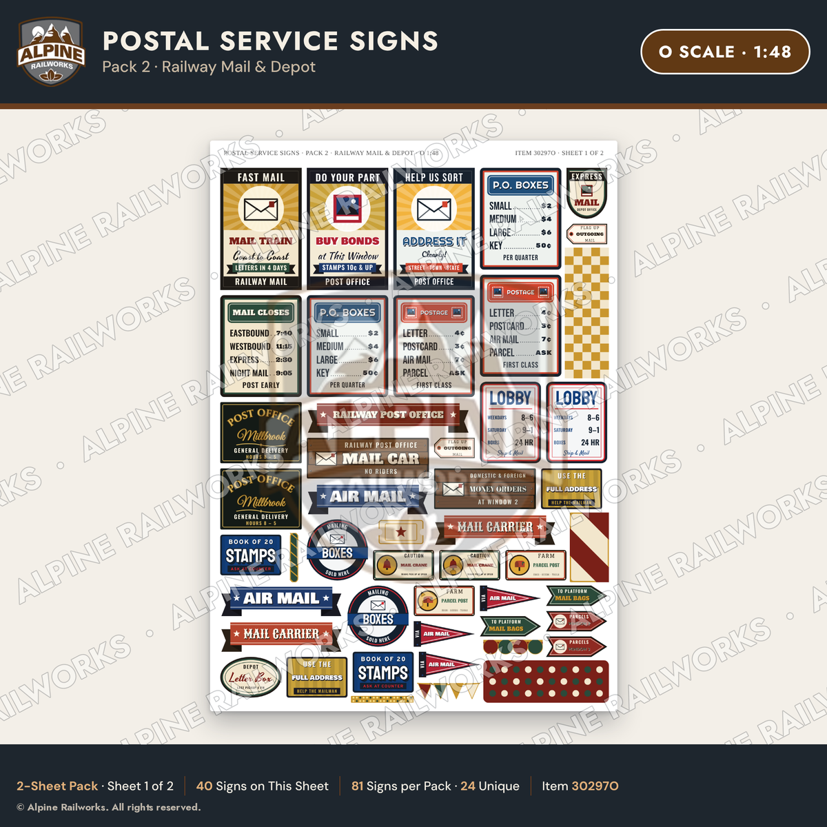 Alpine Railworks 30297O O Scale Postal Service Signs - Railway Mail